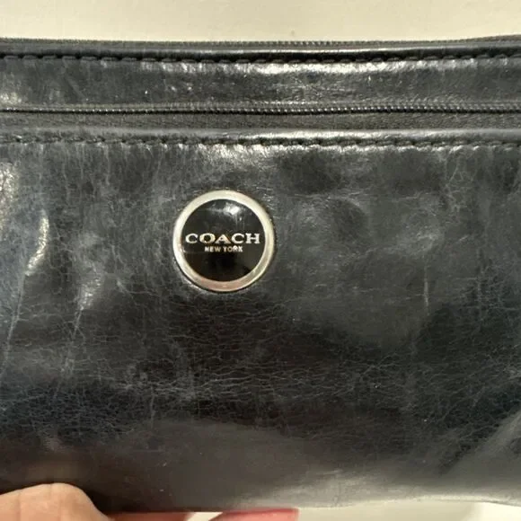 Coach Wristlet Black Leather Wallet Double Zip Striped Legacy Satin Lining 8x4 - Picture 7 of 16